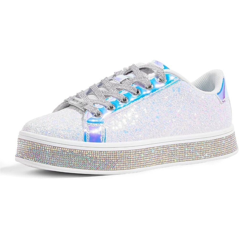 Lucky Step Women's White Platform Glitter Sneakers Sparkly Bling Shiny Dressy